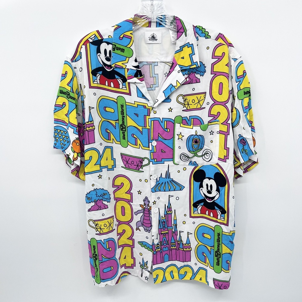 DISNEY Men's Sz Large 2024 White/Neon Walt Disney World Short-Sleeve Camp Shirt